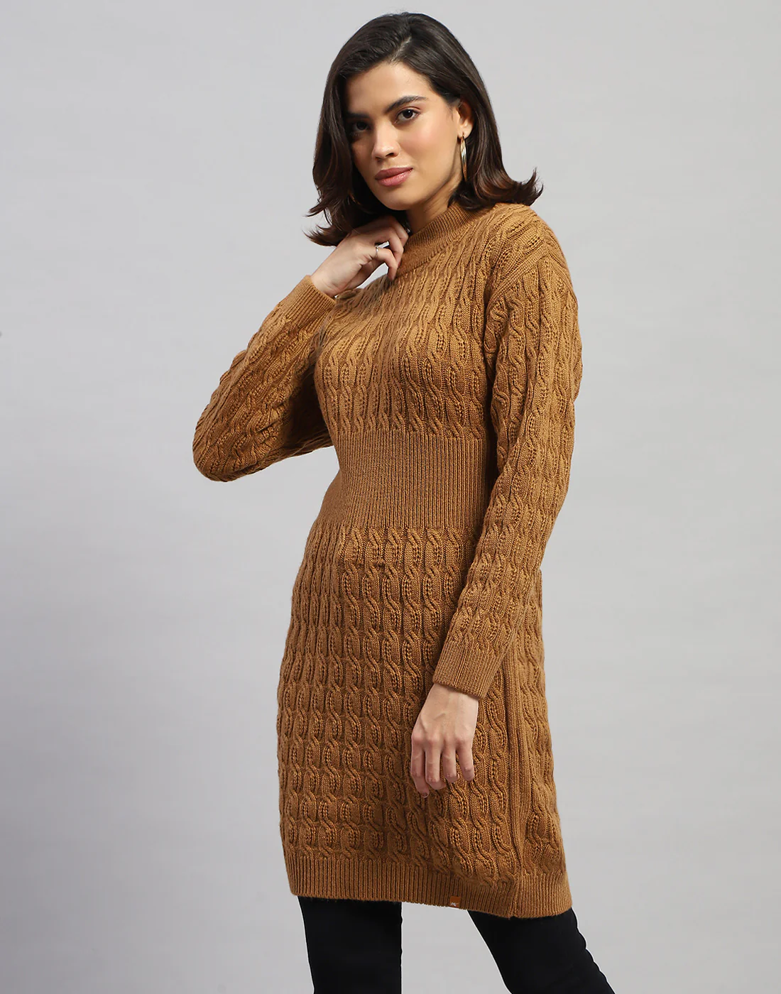 Women Brown Self Design High Neck Full Sleeve Winter Top - Image 3