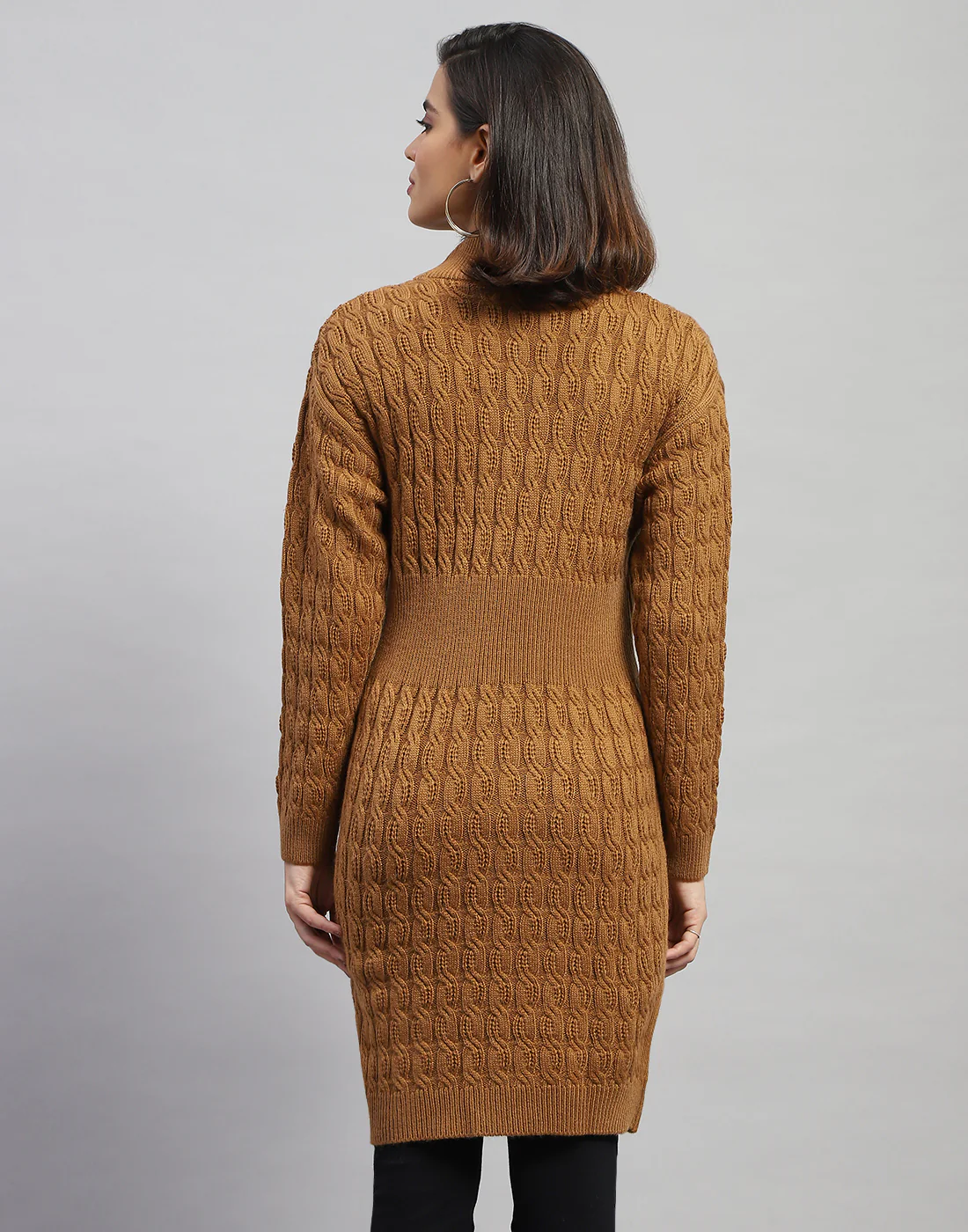 Women Brown Self Design High Neck Full Sleeve Winter Top - Image 5