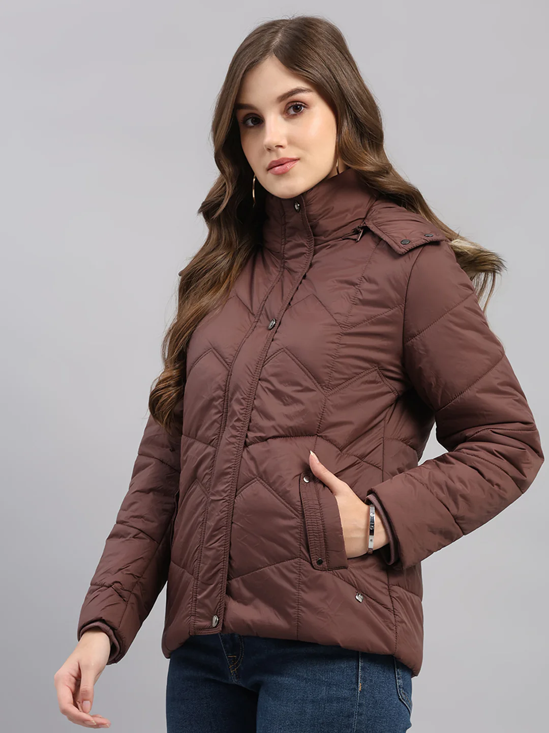 Women Brown Self Design Hooded Full Sleeve Jacket - Image 3