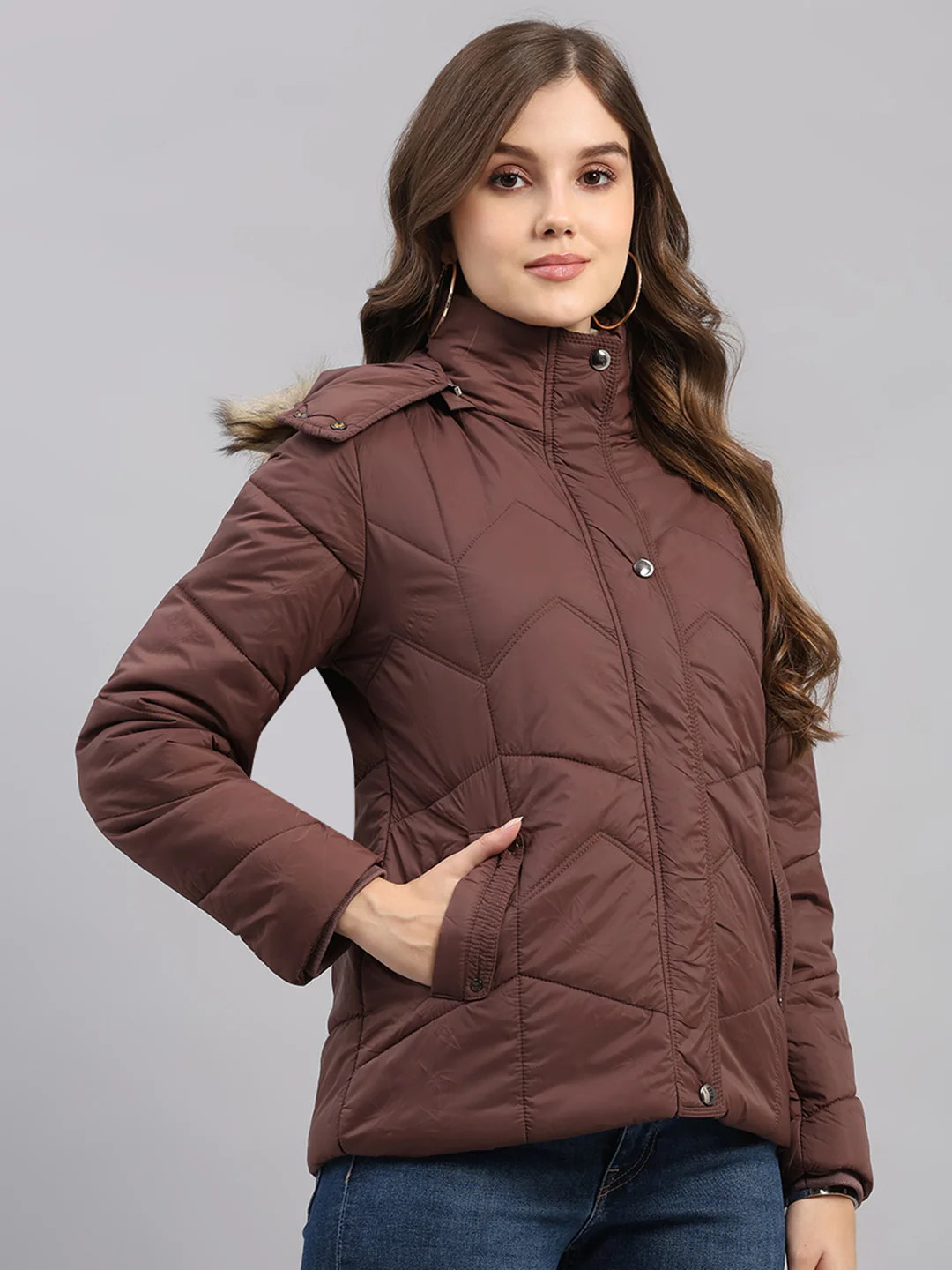 Women Brown Self Design Hooded Full Sleeve Jacket - Image 4