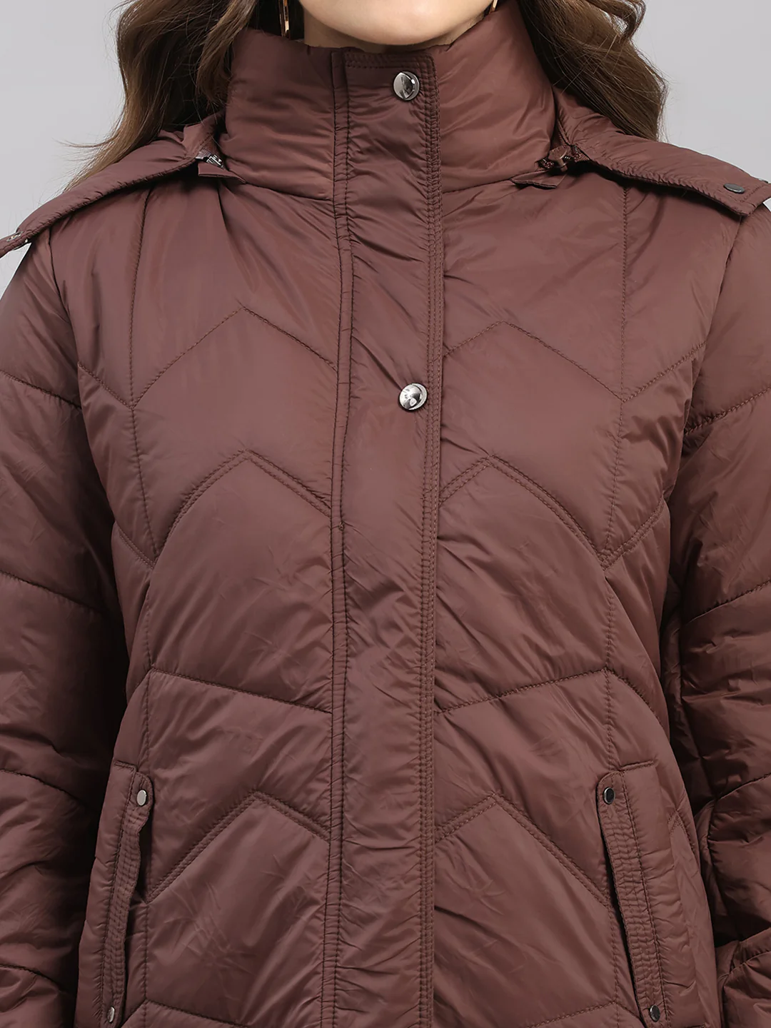 Women Brown Self Design Hooded Full Sleeve Jacket - Image 6