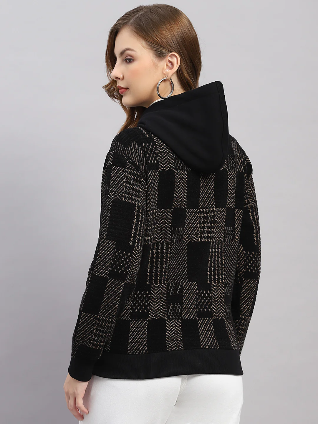 Women Brown Self Design Hooded Full Sleeve Sweatshirt - Image 5