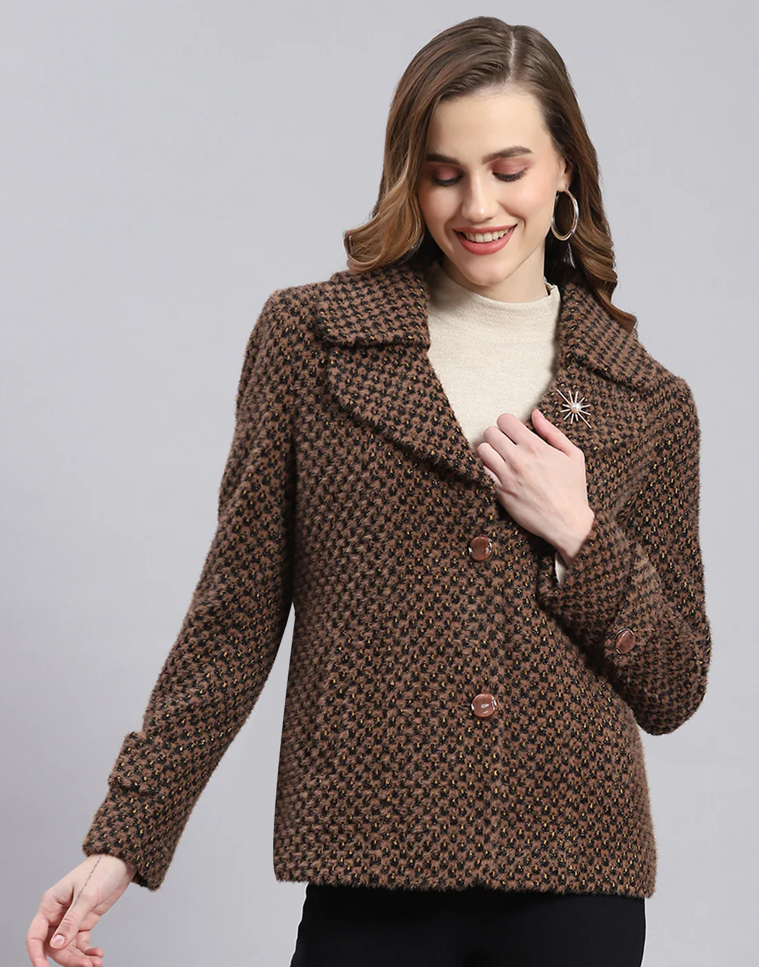 Women Brown Self Design Lapel Collar Full Sleeve Coat - Image 2