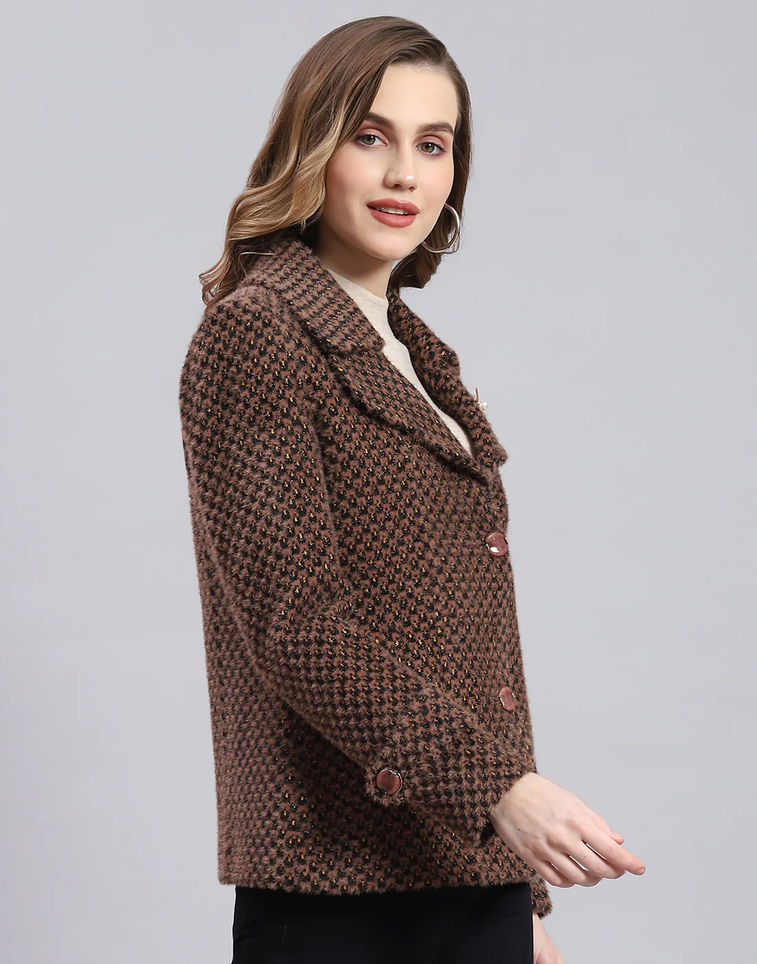 Women Brown Self Design Lapel Collar Full Sleeve Coat - Image 4