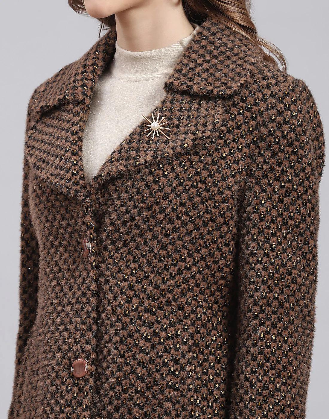 Women Brown Self Design Lapel Collar Full Sleeve Coat - Image 7