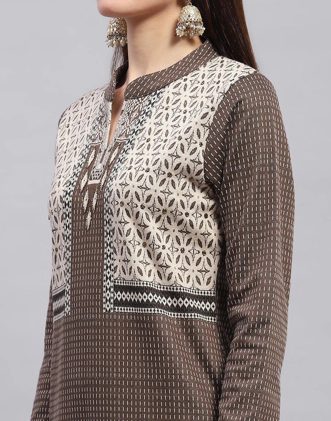 Women Brown Self Design Mandarin Collar Full Sleeve Kurtis + Lower Set - Image 9