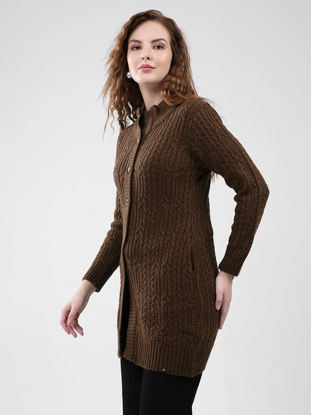 Women Brown Self Design Mock Neck Full Sleeve Cardigan - Image 3