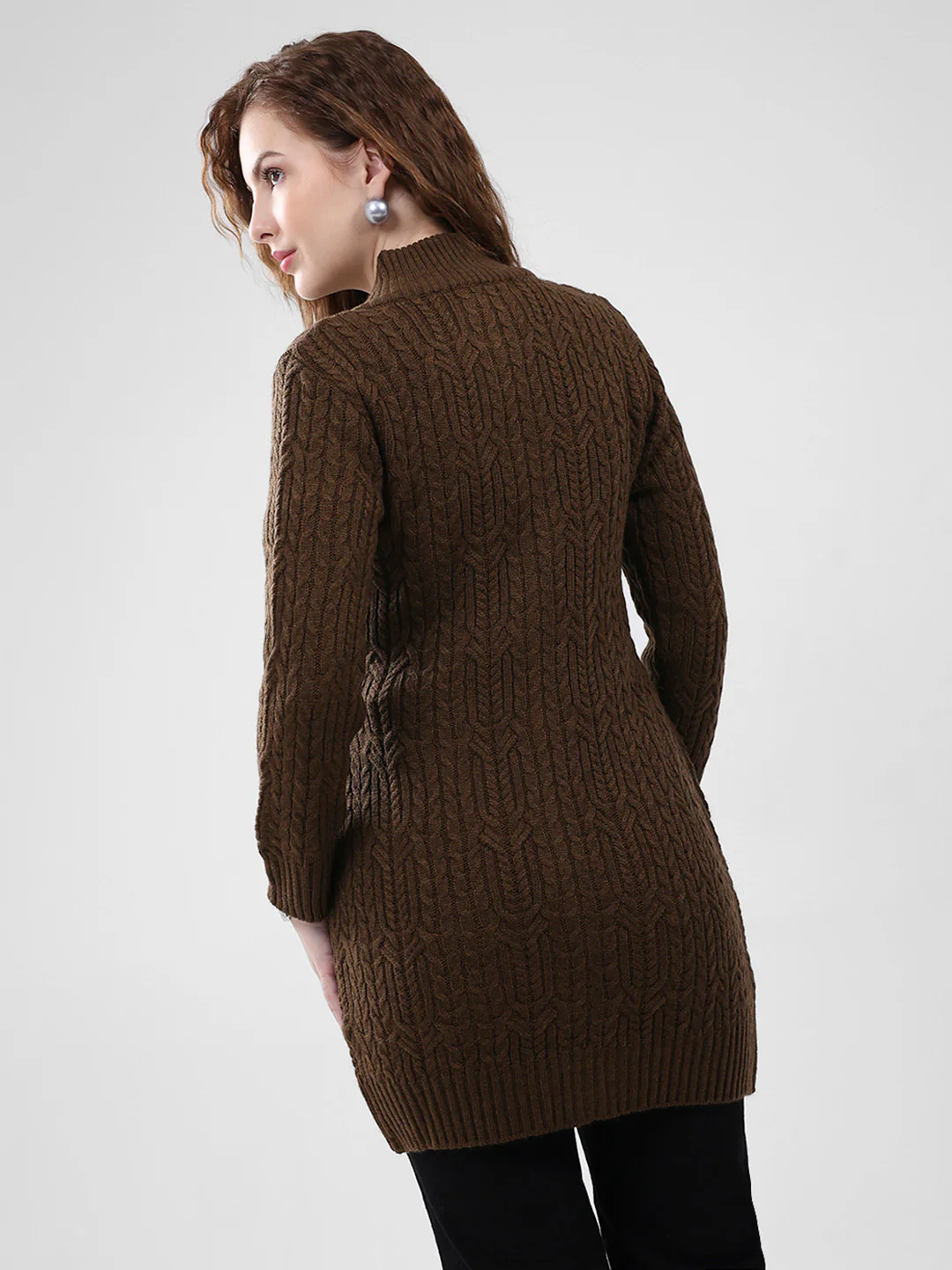 Women Brown Self Design Mock Neck Full Sleeve Cardigan - Image 5