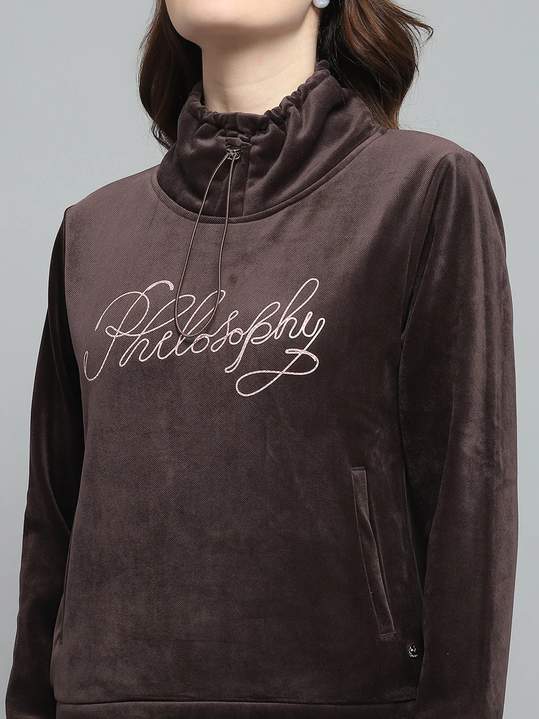 Women Brown Self Design Mock Neck Full Sleeve Sweatshirt - Image 7