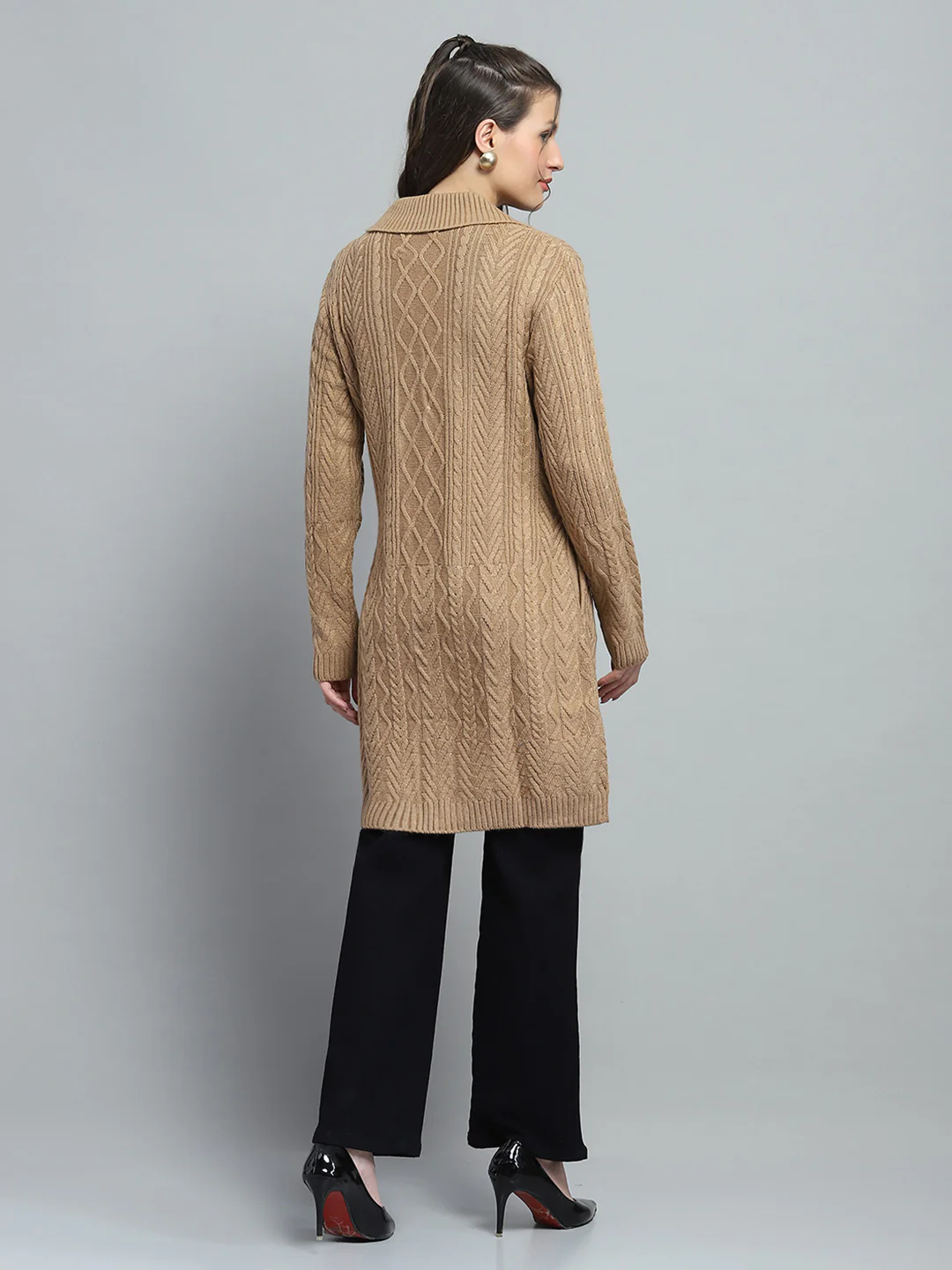 Women Brown Self Design Notch Lapel Collar Full Sleeve Cardigan - Image 5