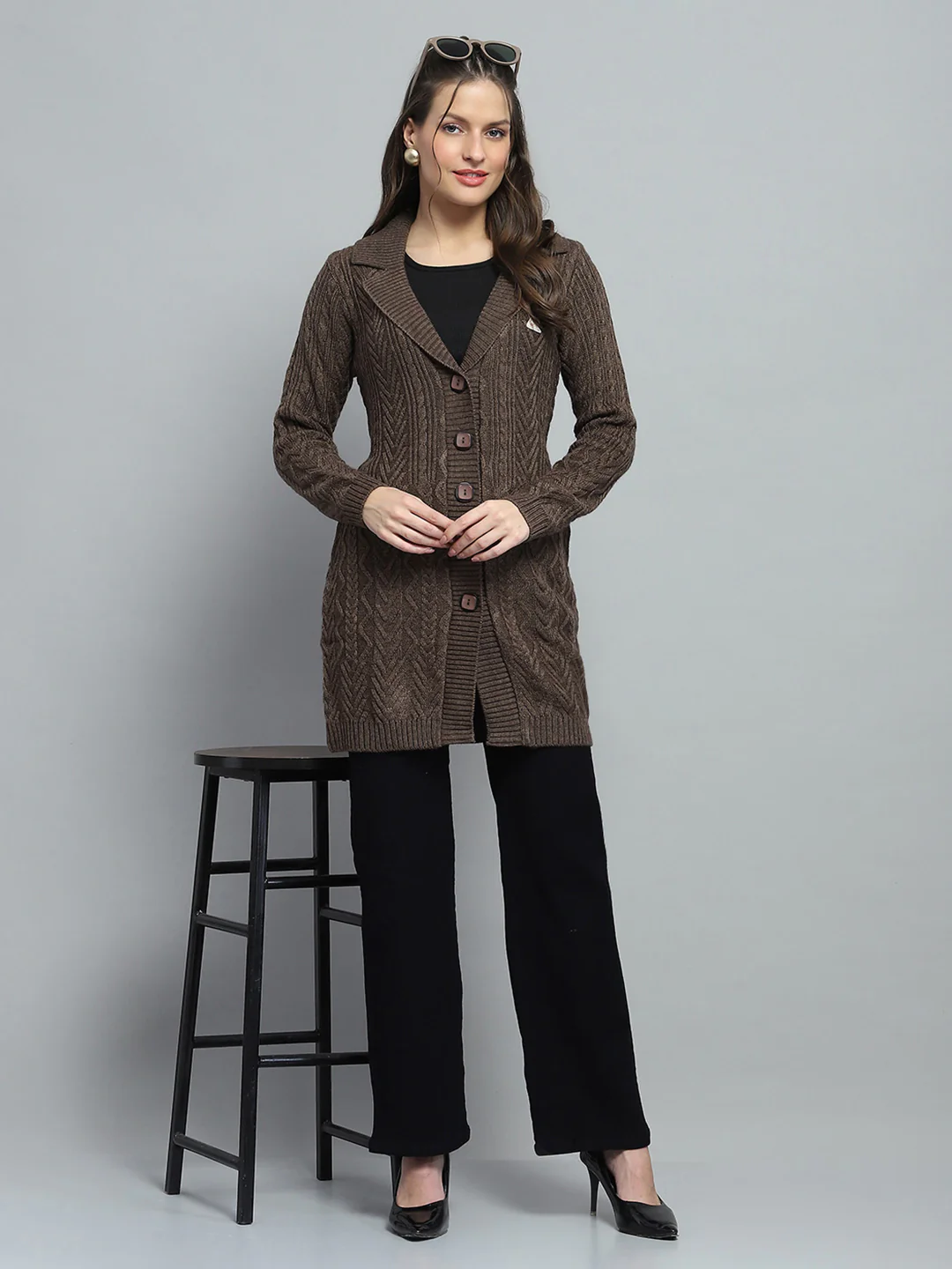 Women Brown Self Design Notch Lapel Collar Full Sleeve Cardigan - Image 2