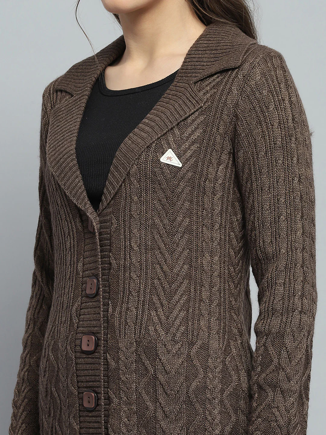 Women Brown Self Design Notch Lapel Collar Full Sleeve Cardigan - Image 6