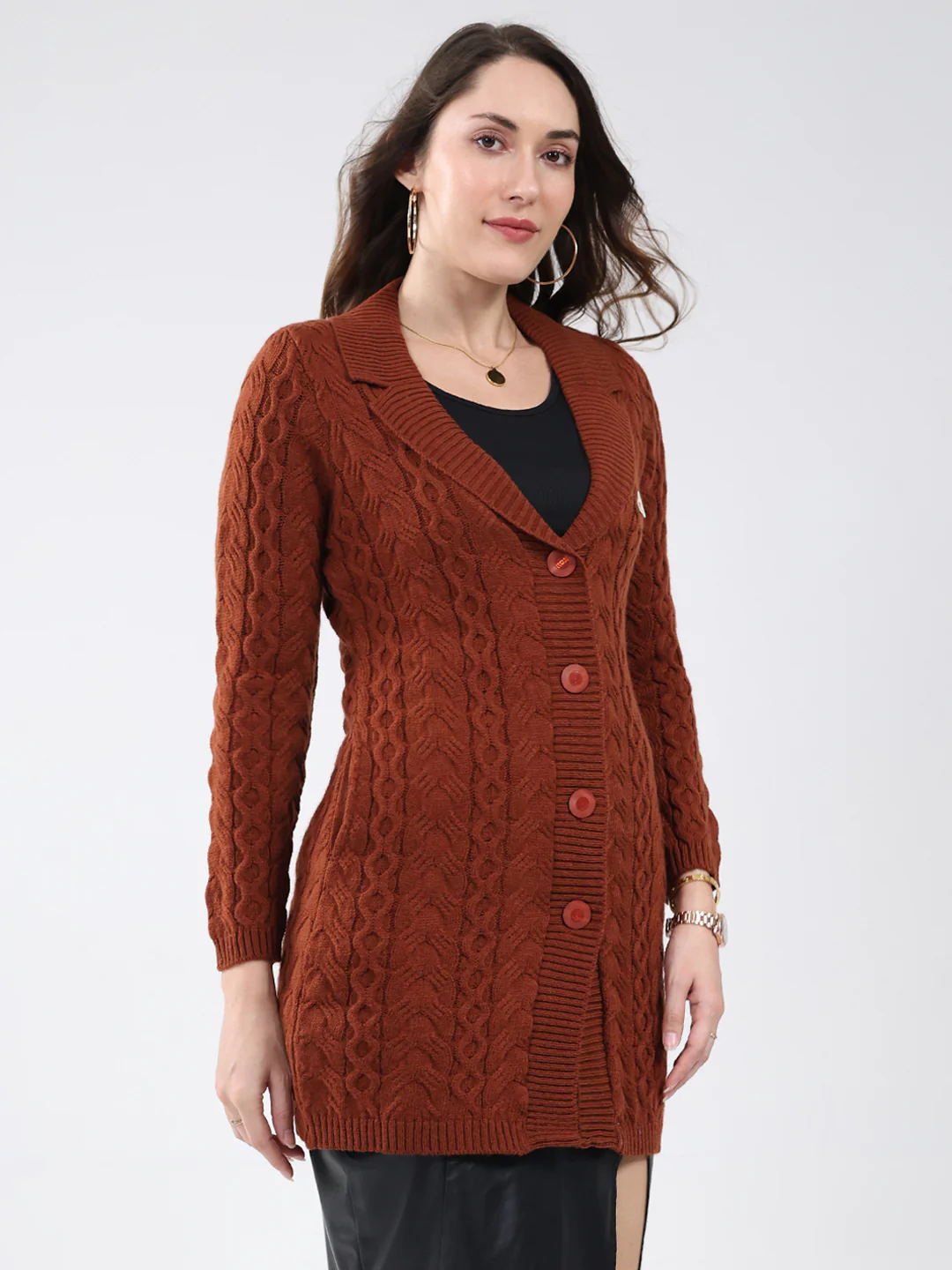 Women Brown Self Design Notch Lapel Collar Full Sleeve Cardigan - Image 4