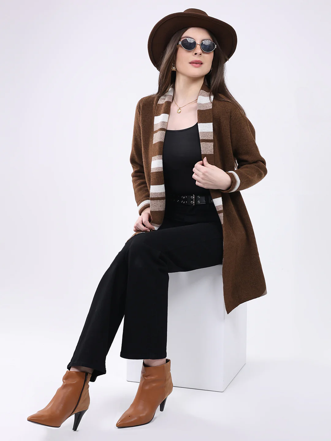Women Brown Self Design Notch Lapel Collar Full Sleeve Cardigan - Image 2