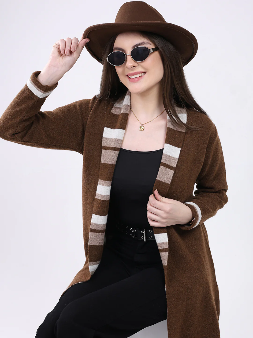 Women Brown Self Design Notch Lapel Collar Full Sleeve Cardigan - Image 6