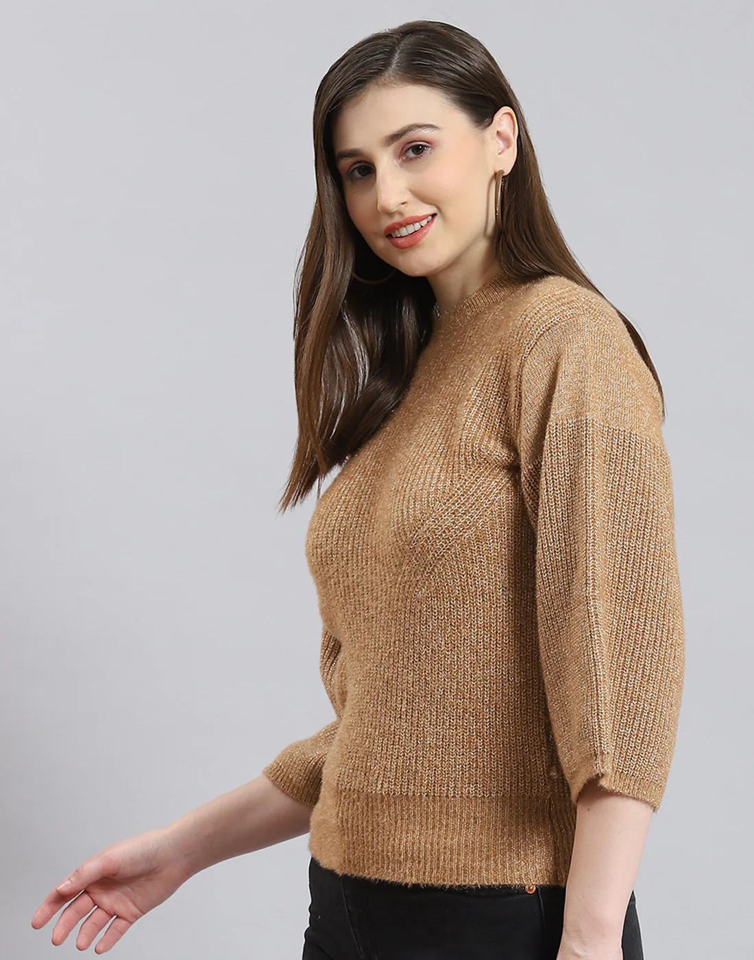 Women Brown Self Design Round Neck 3/4th Sleeve Sweater - Image 3
