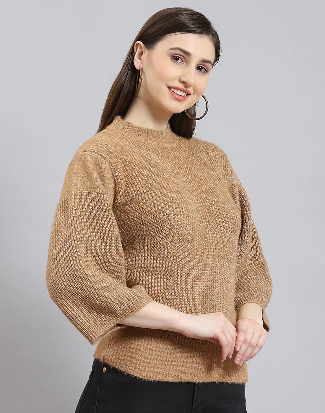 Women Brown Self Design Round Neck 3/4th Sleeve Sweater - Image 4