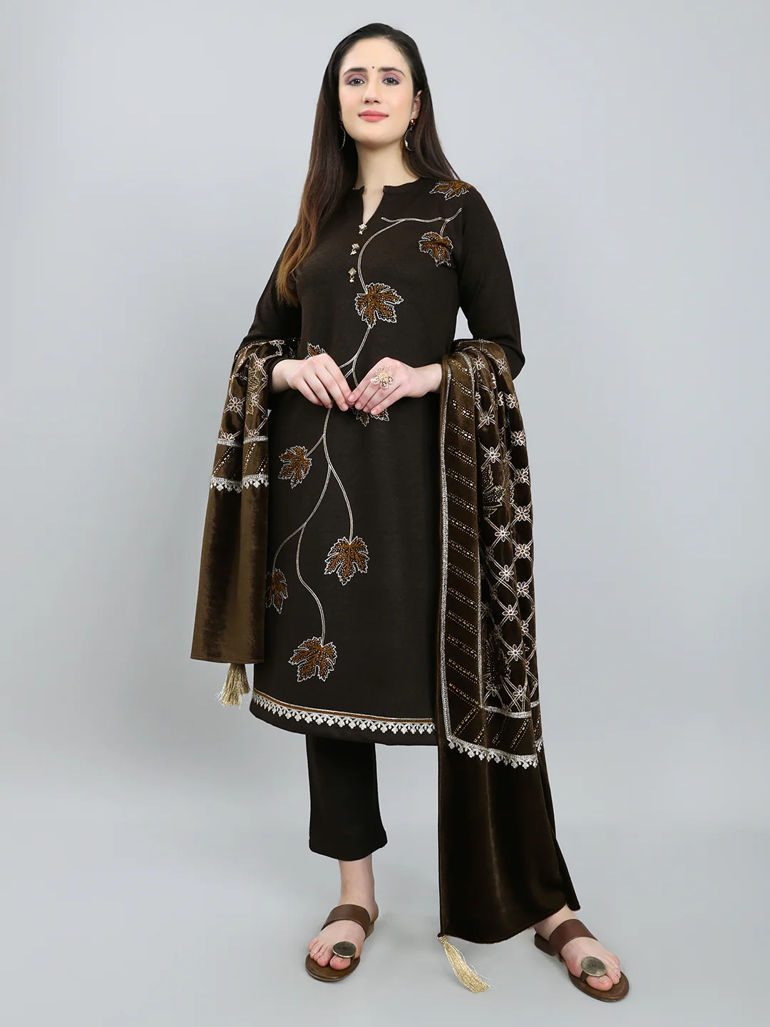 Women Brown Self Design Round Neck Full Sleeve 3 Pc Kurtis Set for Winter - Image 7