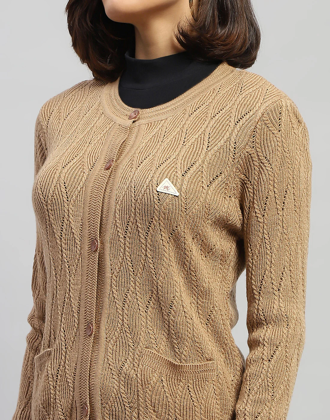 Women Brown Self Design Round Neck Full Sleeve Cardigan - Image 6