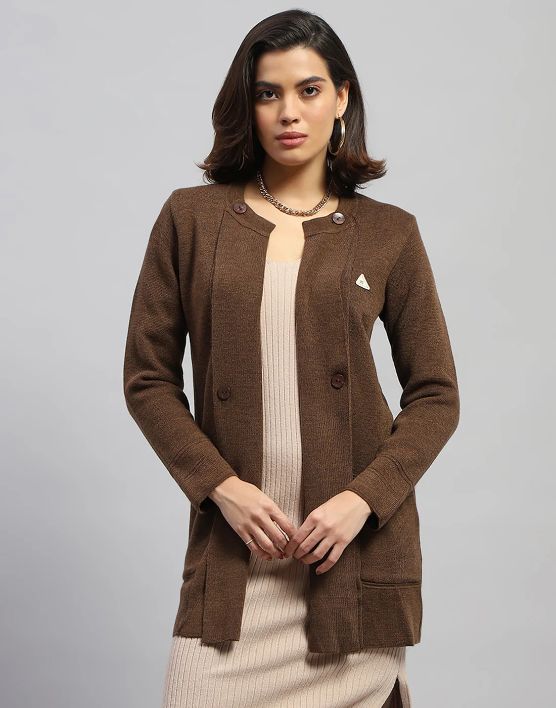 Women Brown Self Design Round Neck Full Sleeve Cardigan - Image 2