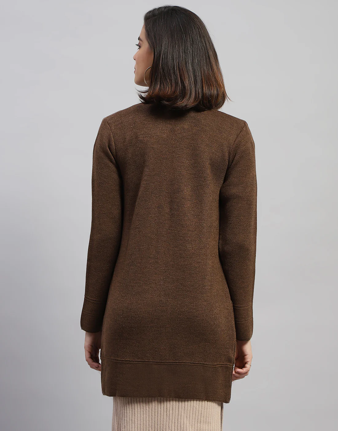 Women Brown Self Design Round Neck Full Sleeve Cardigan - Image 5