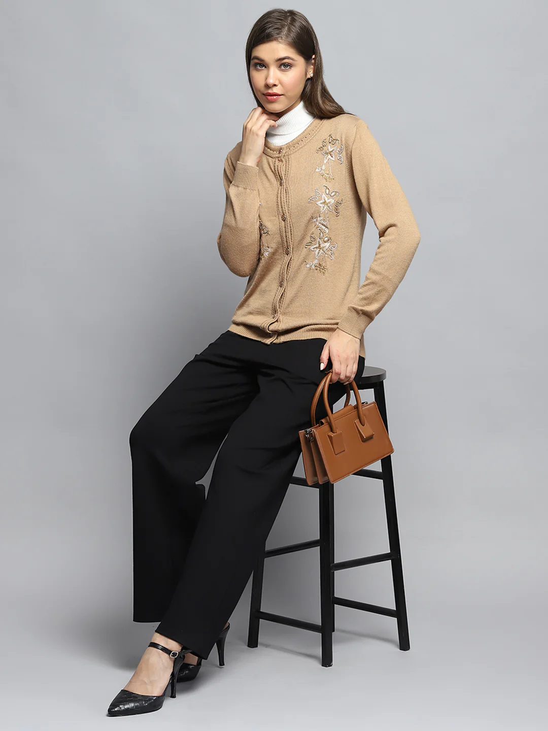 Women Brown Self Design Round Neck Full Sleeve Cardigan - Image 2