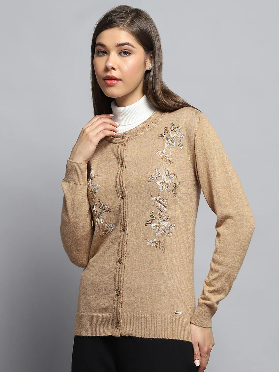 Women Brown Self Design Round Neck Full Sleeve Cardigan - Image 3