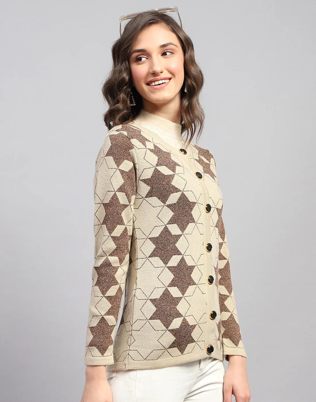 Women Brown Self Design Round Neck Full Sleeve Cardigan - Image 4