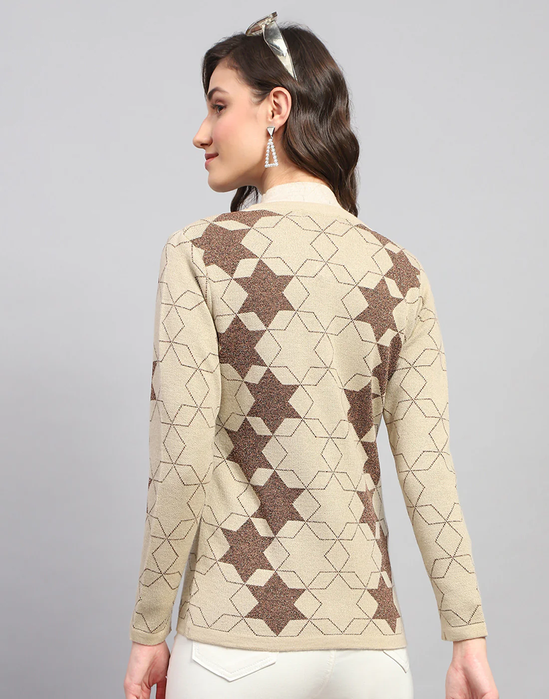 Women Brown Self Design Round Neck Full Sleeve Cardigan - Image 5
