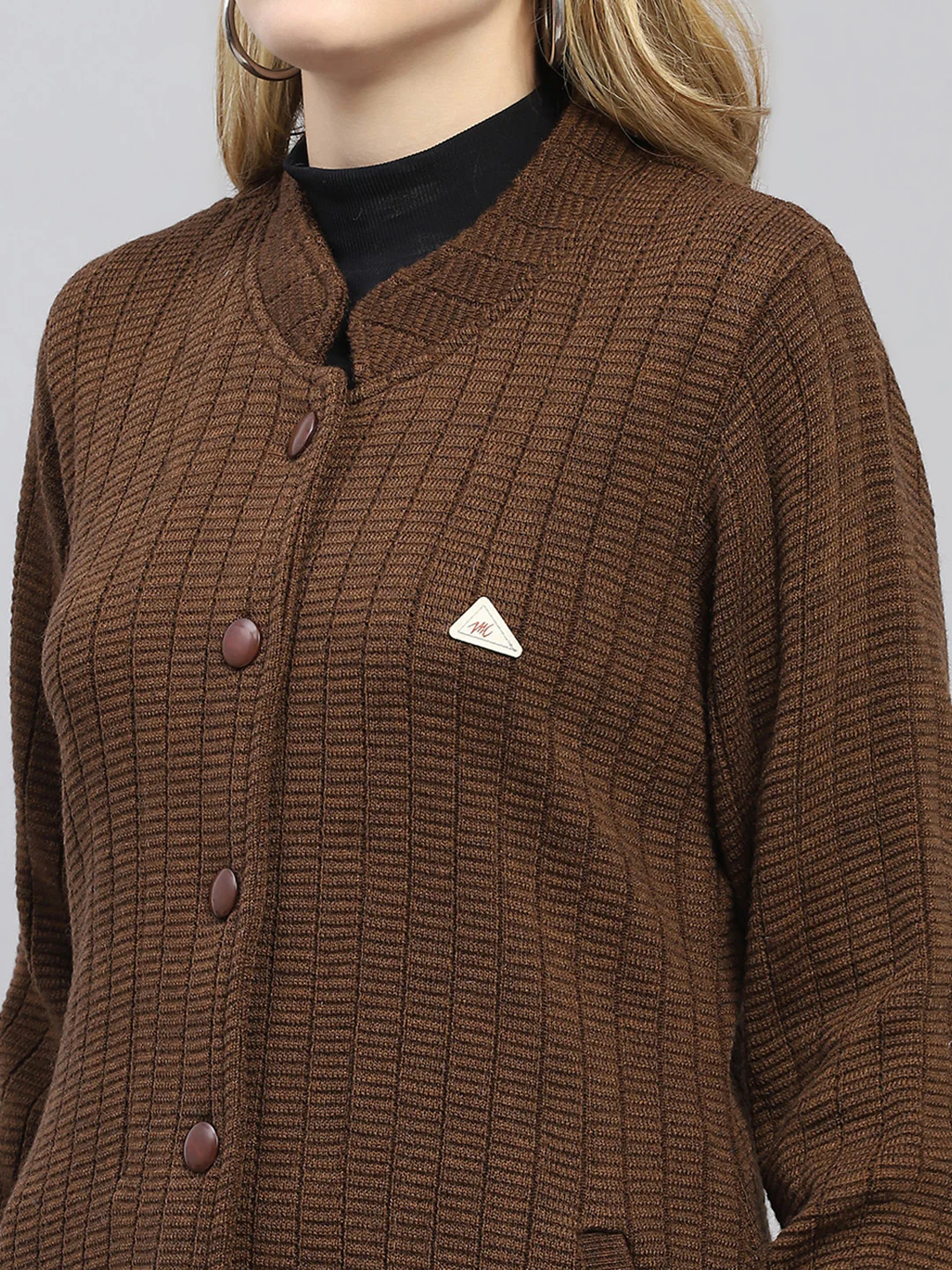 Women Brown Self Design Round Neck Full Sleeve Knitted Coat - Image 6