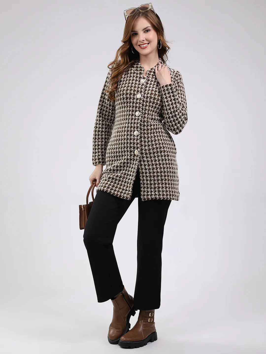 Women Brown Self Design Round Neck Full Sleeve Knitted Coat - Image 2
