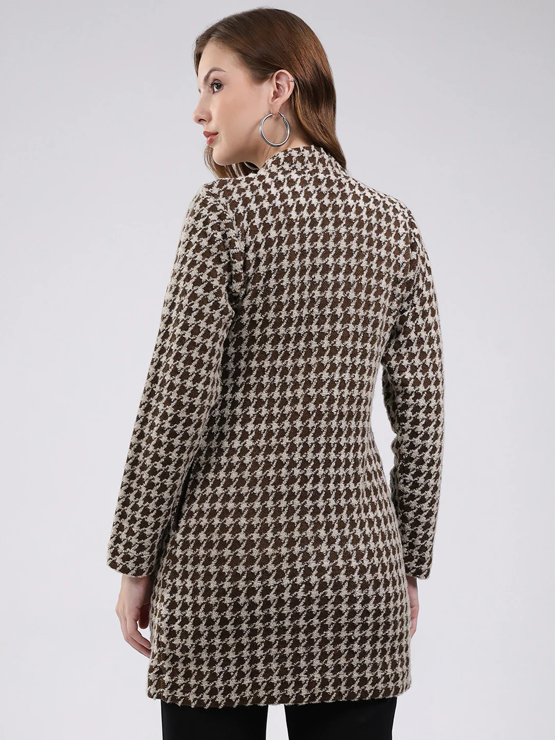 Women Brown Self Design Round Neck Full Sleeve Knitted Coat - Image 5