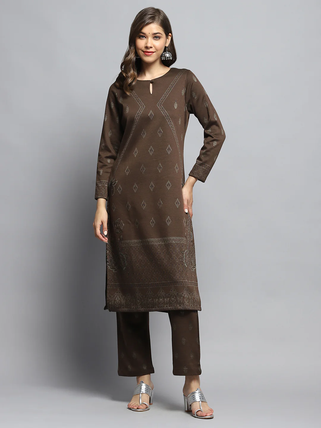 Women Brown Self Design Round Neck Full Sleeve Kurti Set - Image 3