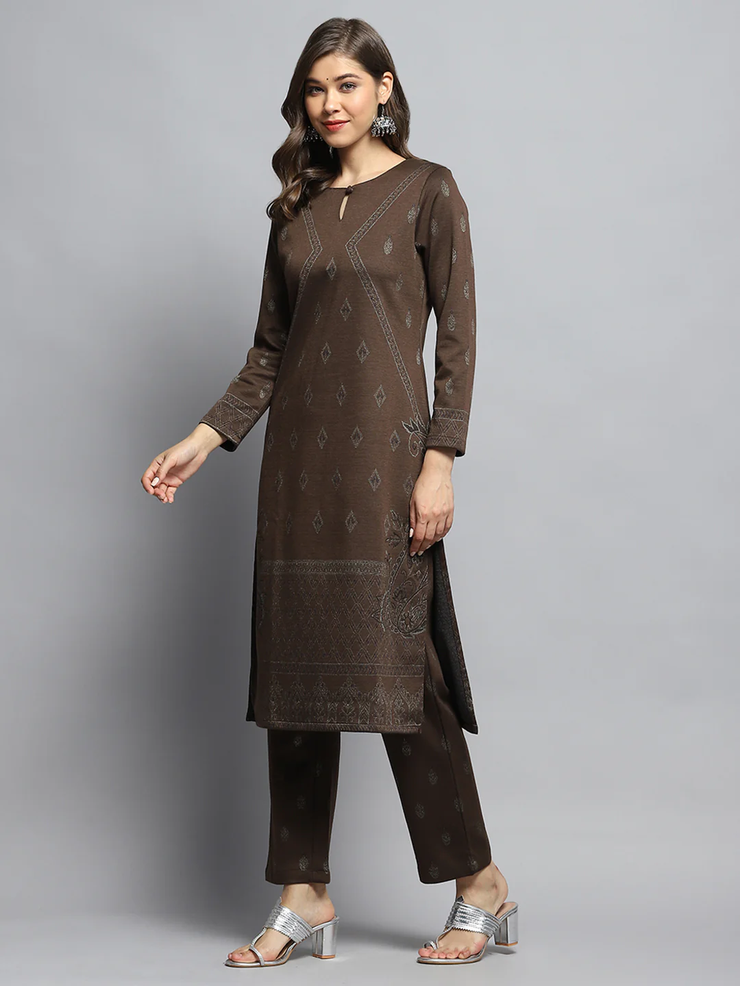 Women Brown Self Design Round Neck Full Sleeve Kurti Set - Image 4