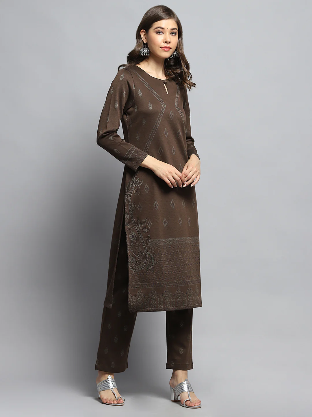 Women Brown Self Design Round Neck Full Sleeve Kurti Set - Image 5