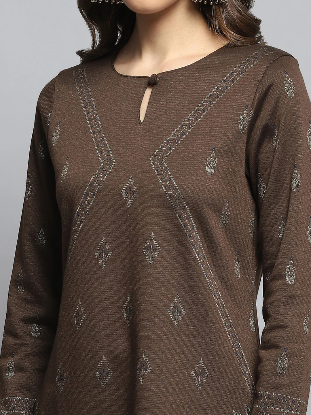 Women Brown Self Design Round Neck Full Sleeve Kurti Set - Image 6