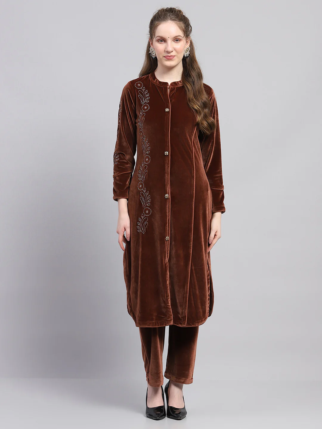 Women Brown Self Design Round Neck Full Sleeve Kurti Set - Image 4