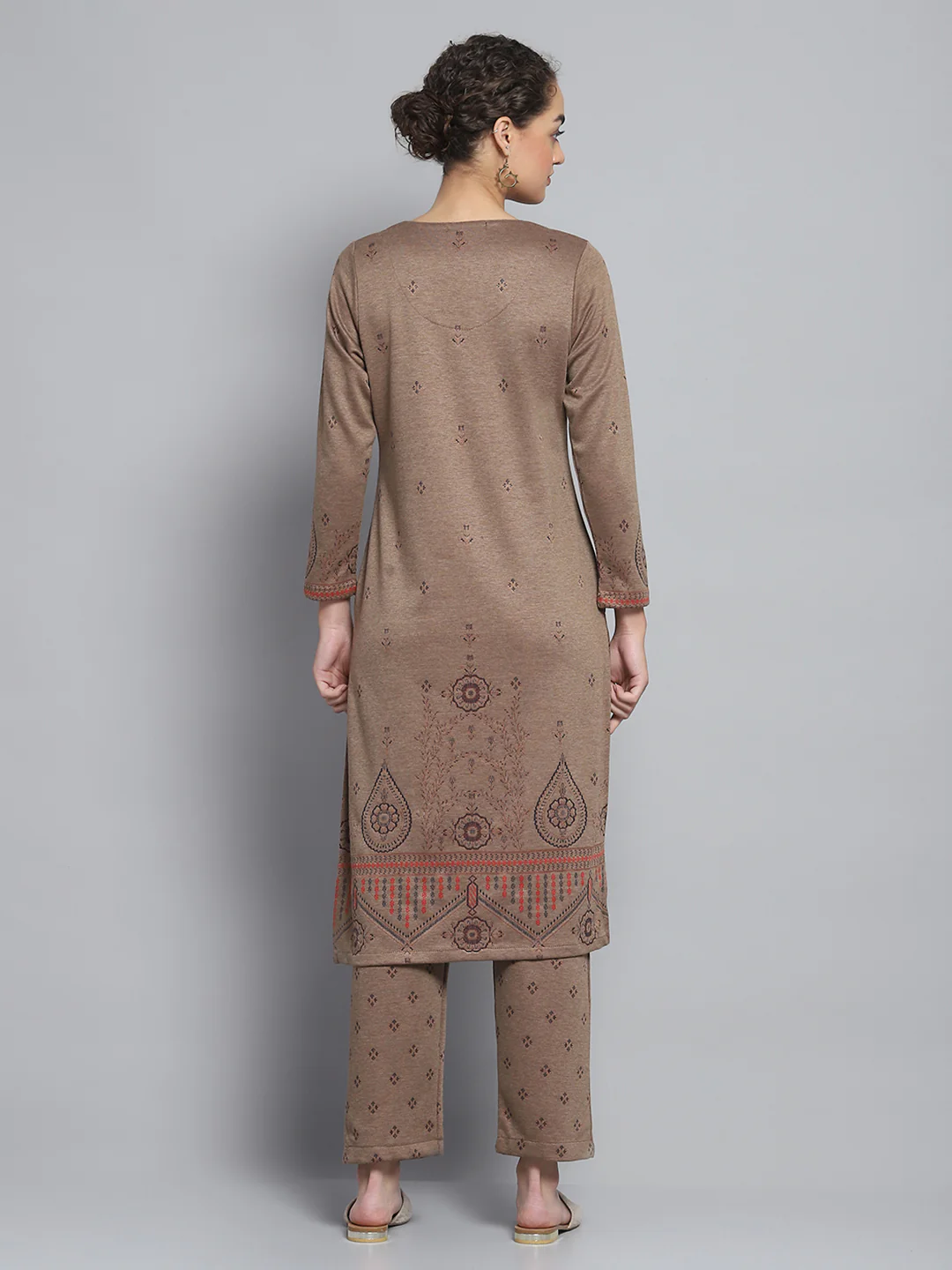 Women Brown Self Design Round Neck Full Sleeve Kurti Set for Winter - Image 2