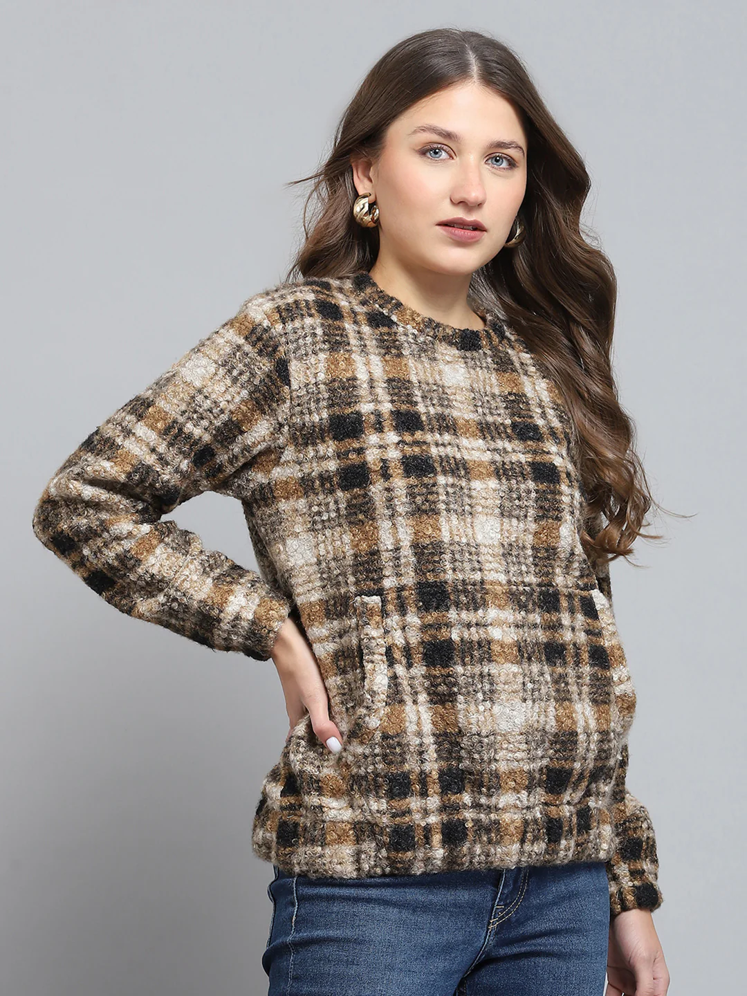 Rock.it Women Brown Self Design Round Neck Full Sleeve Sweatshirt - Image 4