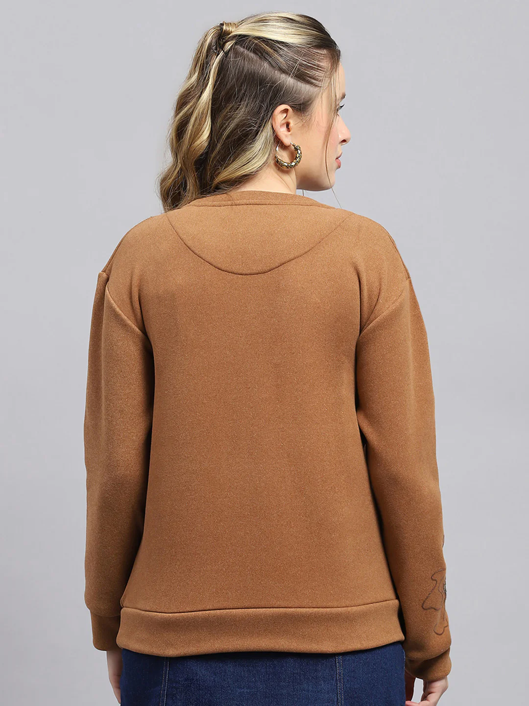 Women Brown Self Design Round Neck Full Sleeve Sweatshirt - Image 5