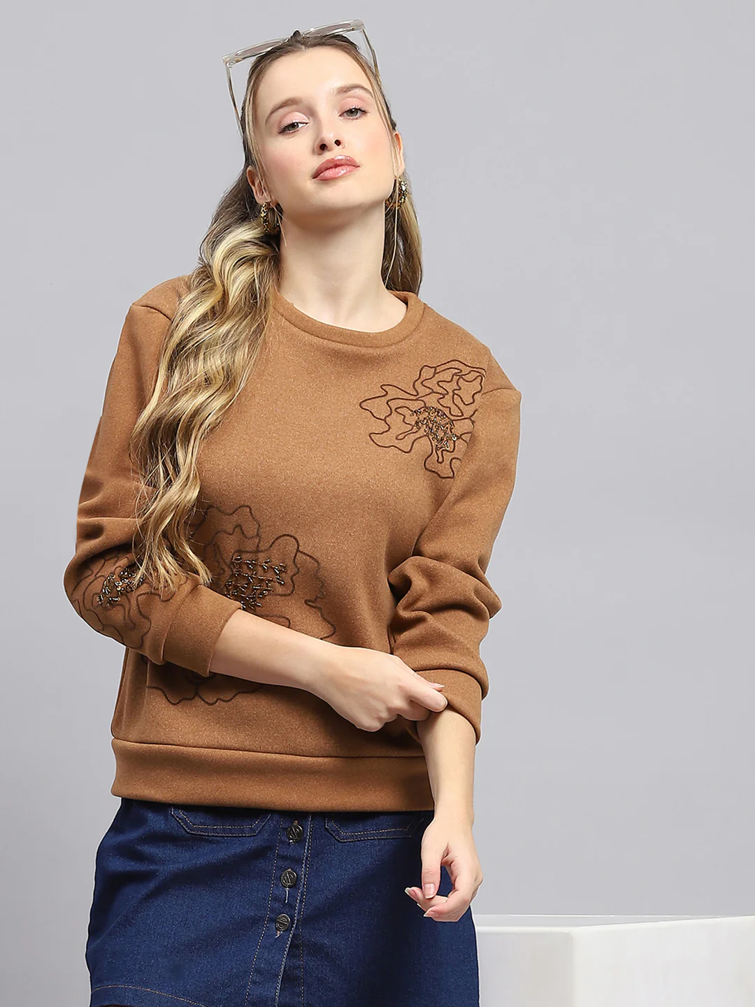 Women Brown Self Design Round Neck Full Sleeve Sweatshirt - Image 6