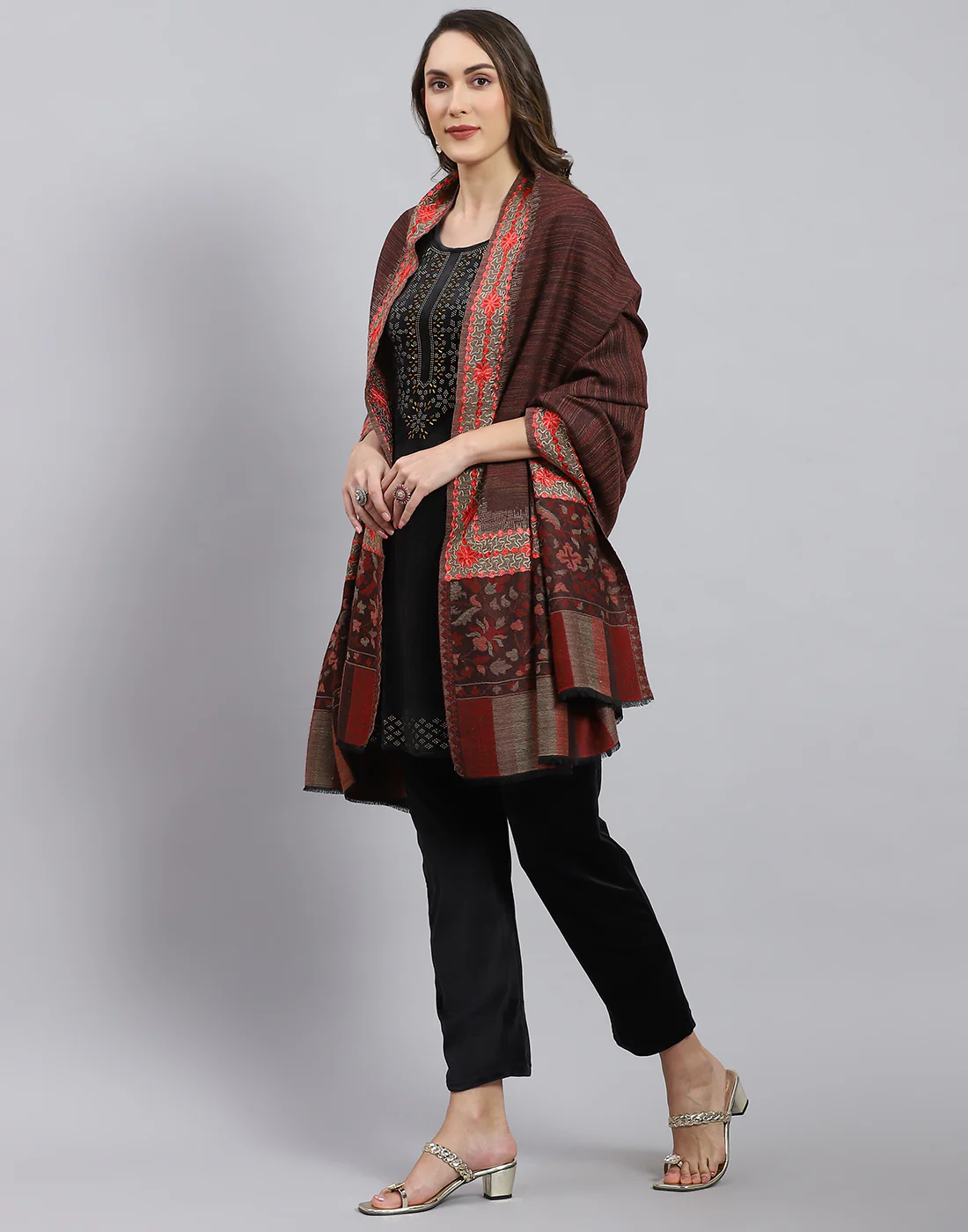 Women Brown Self Design Shawl - Image 4
