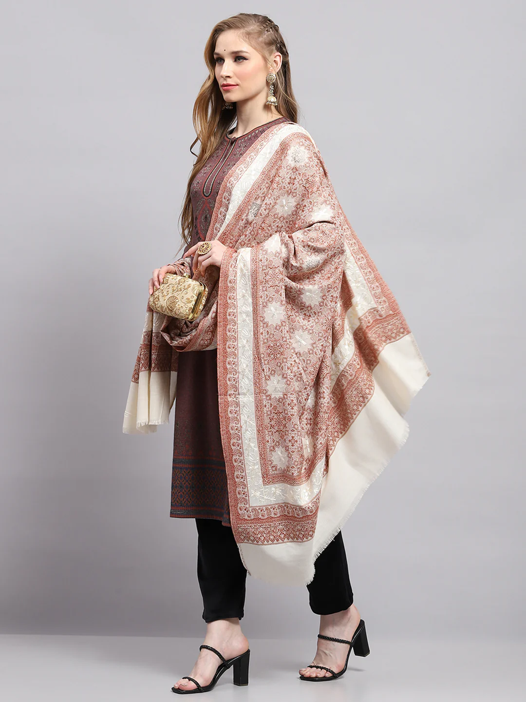 Women Brown Self Design Shawl - Image 5