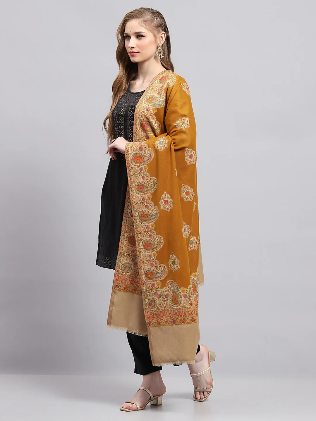 Women Brown Self Design Shawl - Image 3