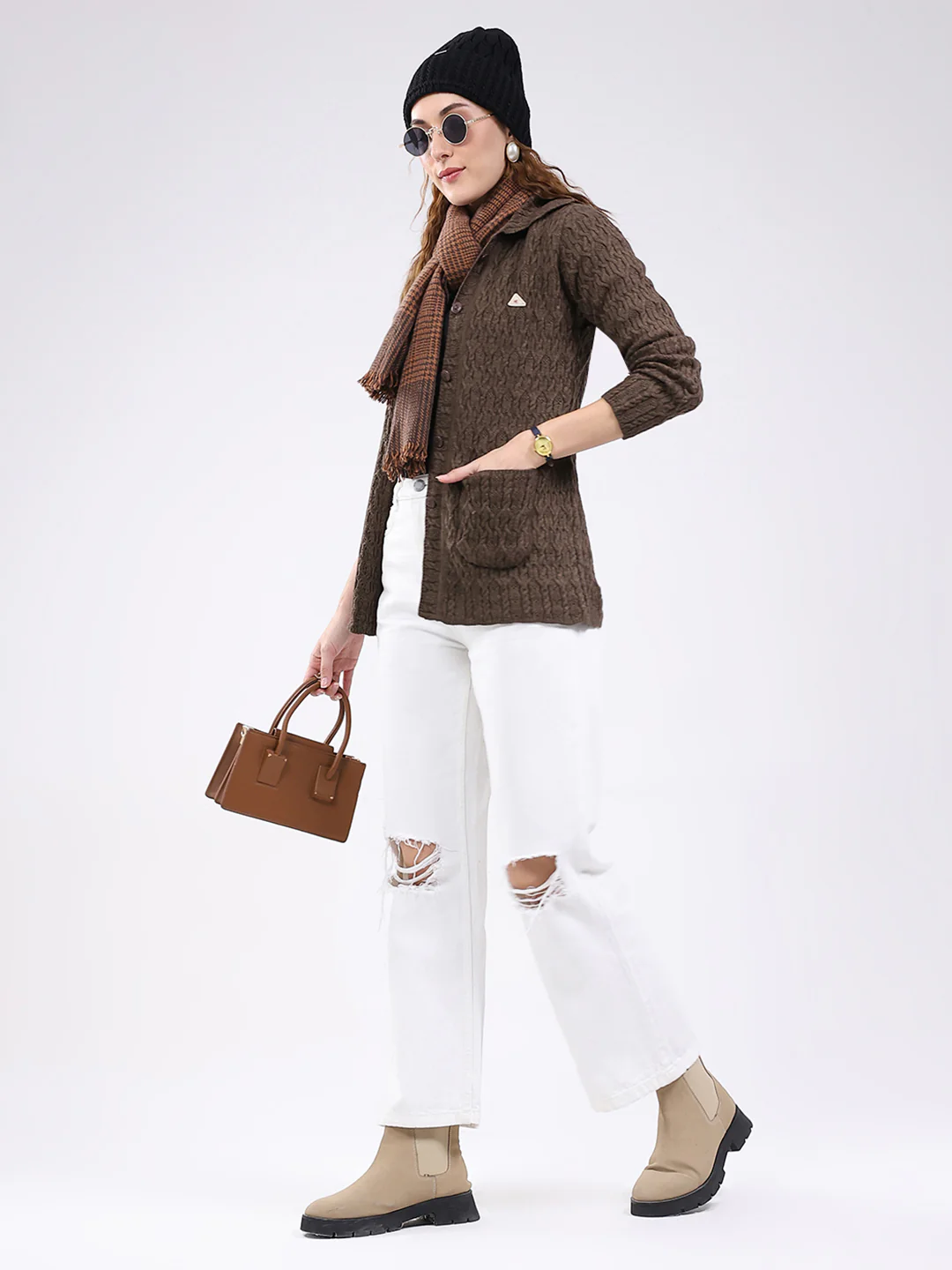 Women Brown Self Design Stand Collar Full Sleeve Cardigan - Image 2