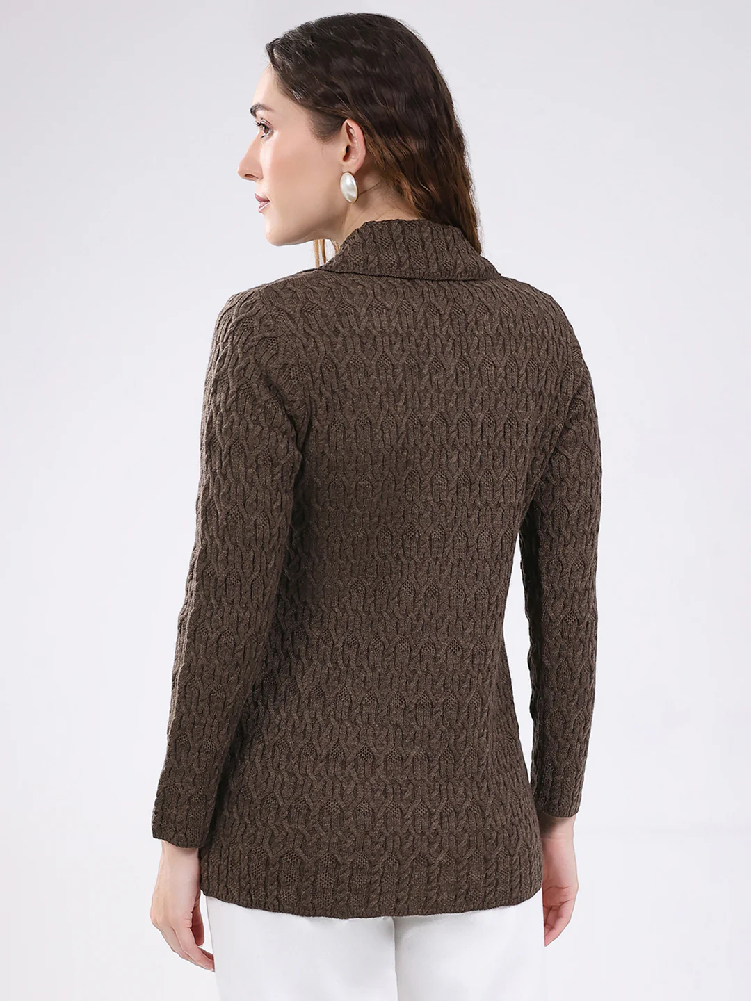 Women Brown Self Design Stand Collar Full Sleeve Cardigan - Image 5