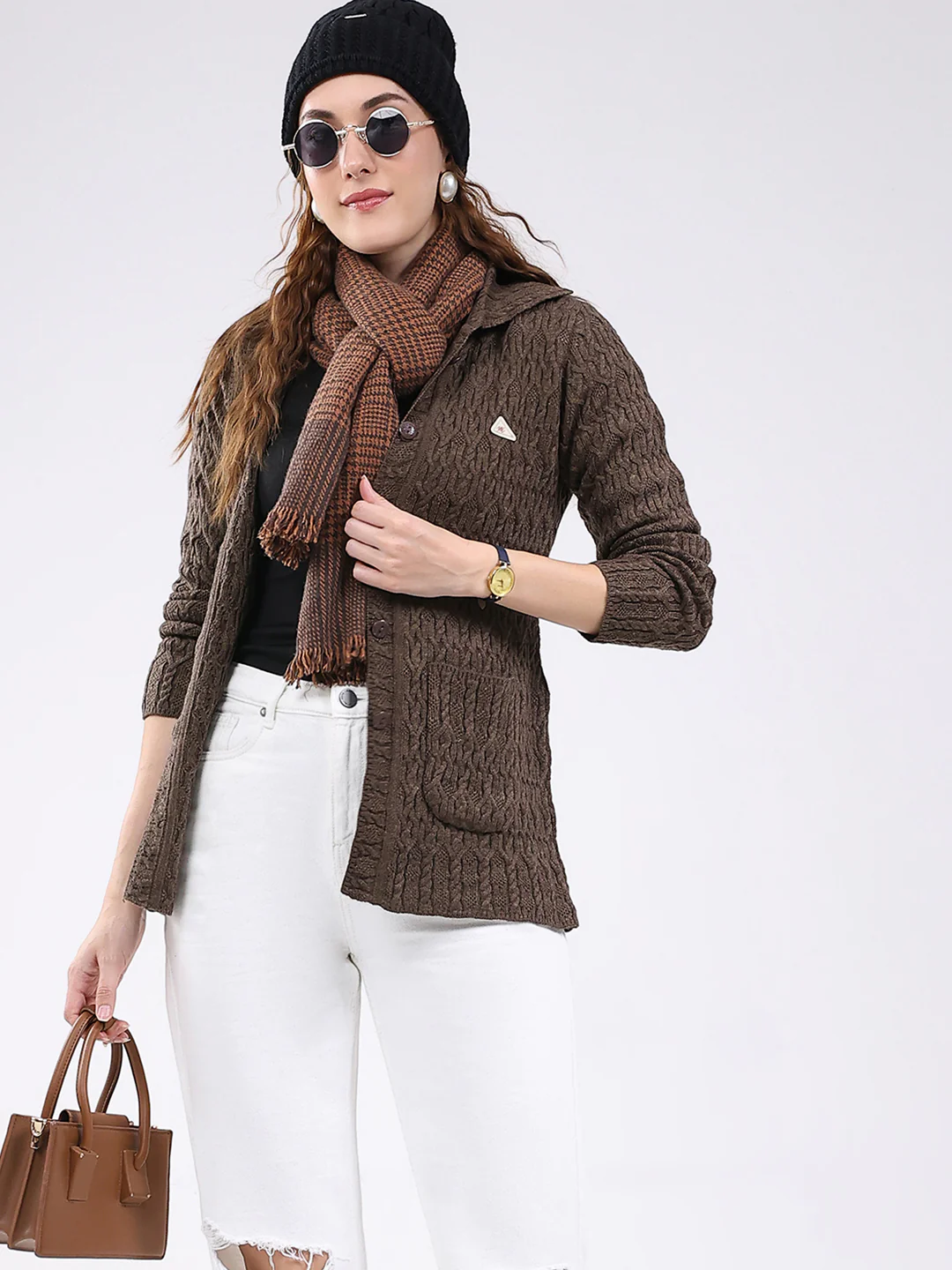 Women Brown Self Design Stand Collar Full Sleeve Cardigan - Image 6