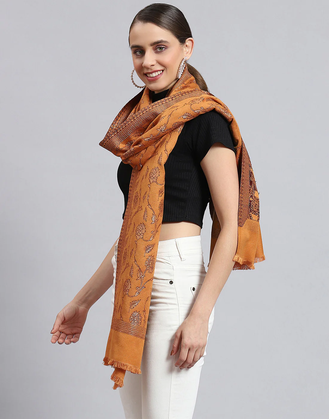 Women Brown Self Design Stole - Image 4