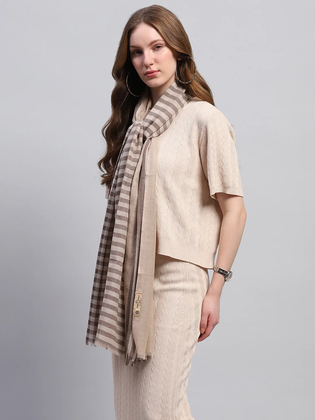 Women Brown Self Design Stole - Image 4