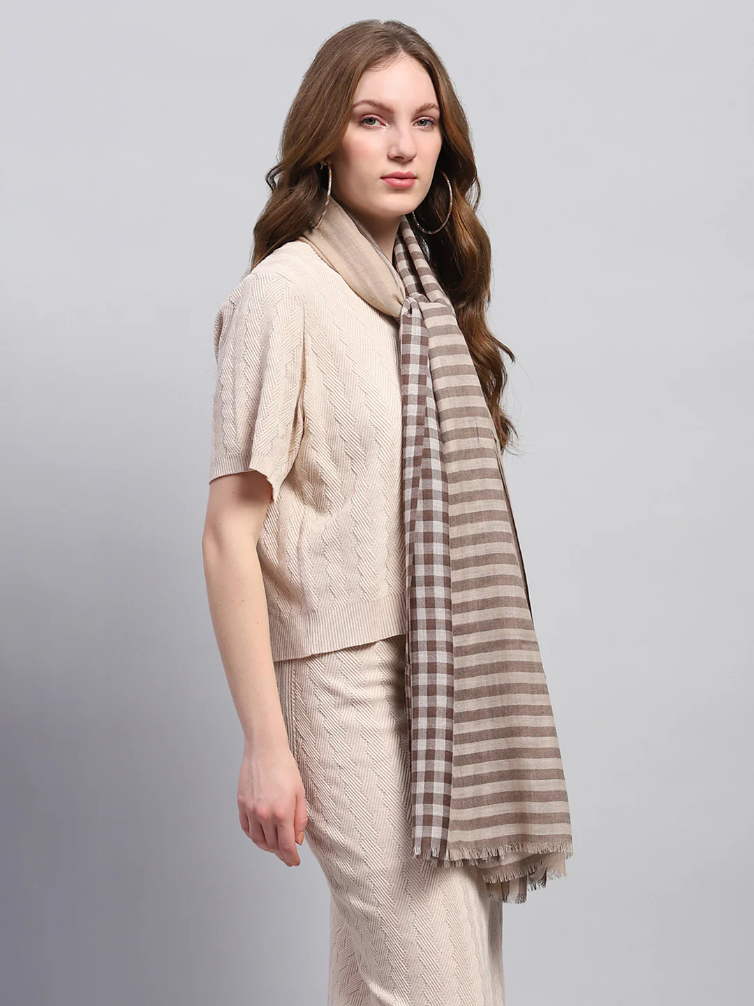 Women Brown Self Design Stole - Image 5